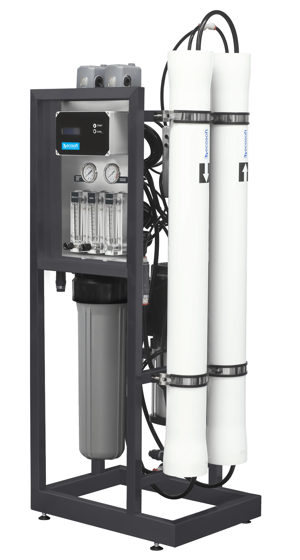 Osmoza inversa industriala, Ecosoft MO12000TP5, profesionala, 2 carcase pentru membrane de 4", controler, prefiltrare si pompa inclusa