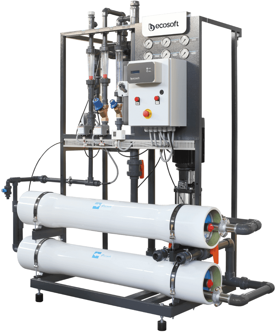 Osmoza inversa industriala, Ecosoft MO2TI5, profesionala, din inox, debit pana la 4 m3/h, carcase pentru 2 membrane de 8", controler, prefiltrare si pompa inclusa