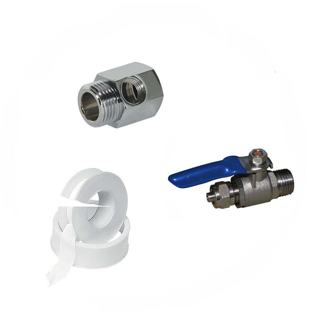 Kit alimentare filtru, format din robinet metalic 1/4", T cromat de 1/2" si banda de teflon, pentru sisteme de filtrare cu furtun flexibil de 1/4"