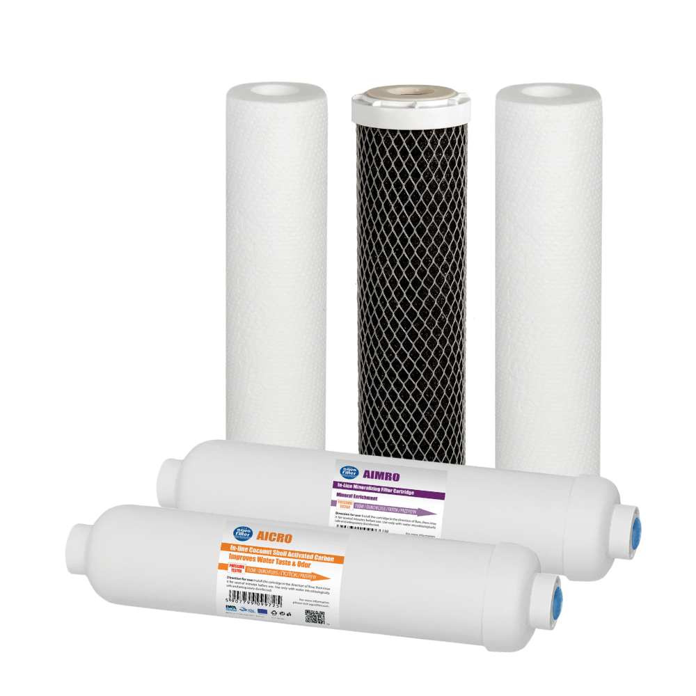 Set universal intermediar, 5 cartușe osmoză inversă, prefiltrare, postfiltrare și mineralizare cu filet, 6 luni, standard 10"