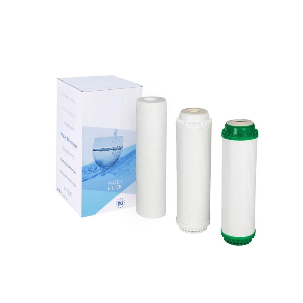 Set 3 cartuse, AquaFilter FP3-K1-CRT, polipropilena, dedurizare si carbune granular cu KDF
