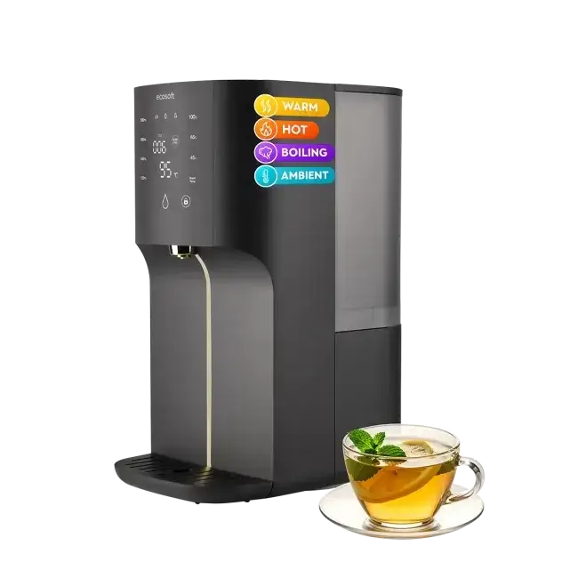 Sistem de osmoză inversă countertop fără instalare Ecosoft CROSS RAY, filtrare 3-in-1, apă caldă cu moduri 45/65/100 °C, sterilizare UV și afișaj TDS