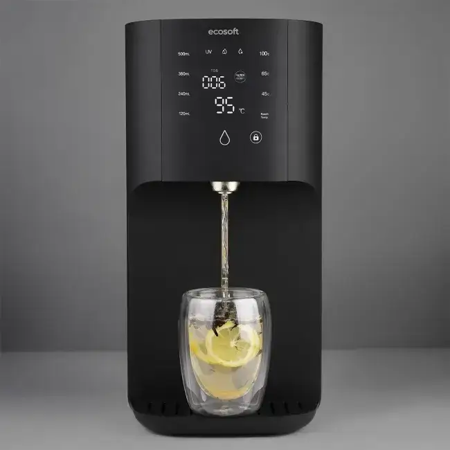 Sistem de osmoză inversă countertop fără instalare Ecosoft CROSS RAY, filtrare 3-in-1, apă caldă cu moduri 45/65/100 °C, sterilizare UV și afișaj TDS