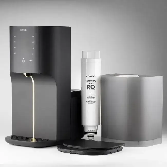 Sistem de osmoză inversă countertop fără instalare Ecosoft CROSS RAY, filtrare 3-in-1, apă caldă cu moduri 45/65/100 °C, sterilizare UV și afișaj TDS