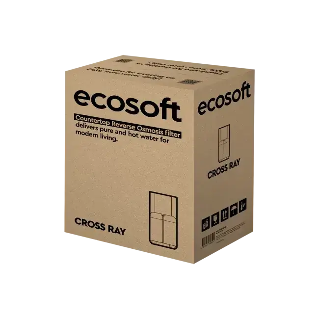 Sistem de osmoză inversă countertop fără instalare Ecosoft CROSS RAY, filtrare 3-in-1, apă caldă cu moduri 45/65/100 °C, sterilizare UV și afișaj TDS
