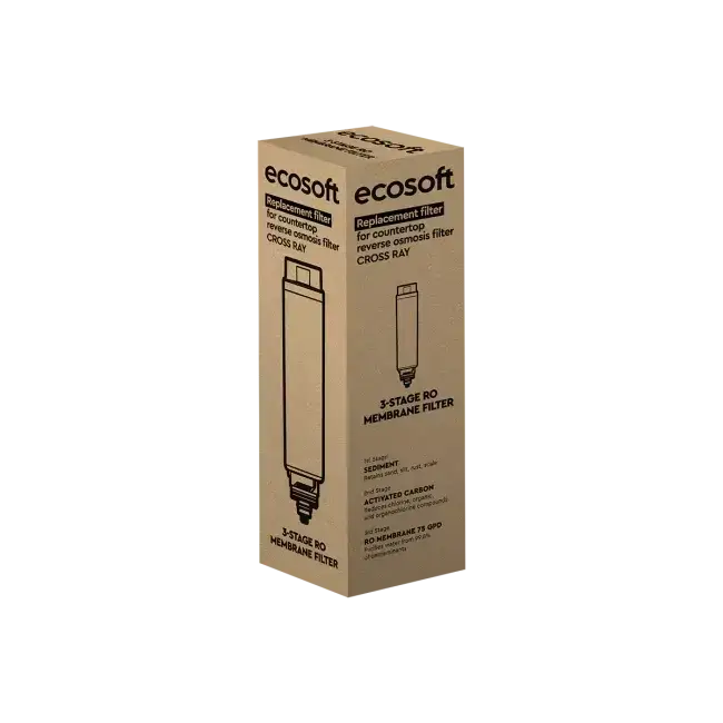 Cartuș de schimb 3 în 1, Ecosoft Cross Ray, osmoză inversă cu filtrare cu PP, carbon activ și membrană RO, înlocuire la 12 luni sau 2000 L, montaj rapid twist-lock fără unelte