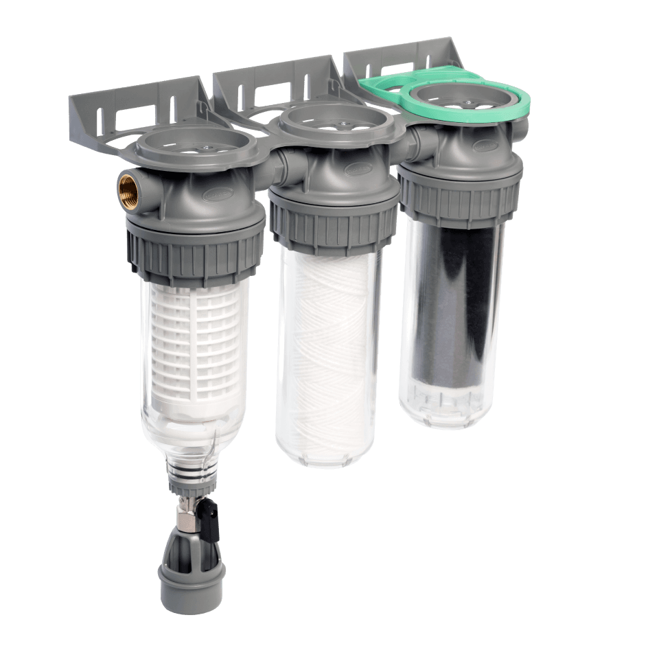 Sistem de filtrare, Ecosoft 3P Grey Triplex 10", valva de purjare, set de cartuse inclus, pentru apa de ploaie, conexiune 3/4"