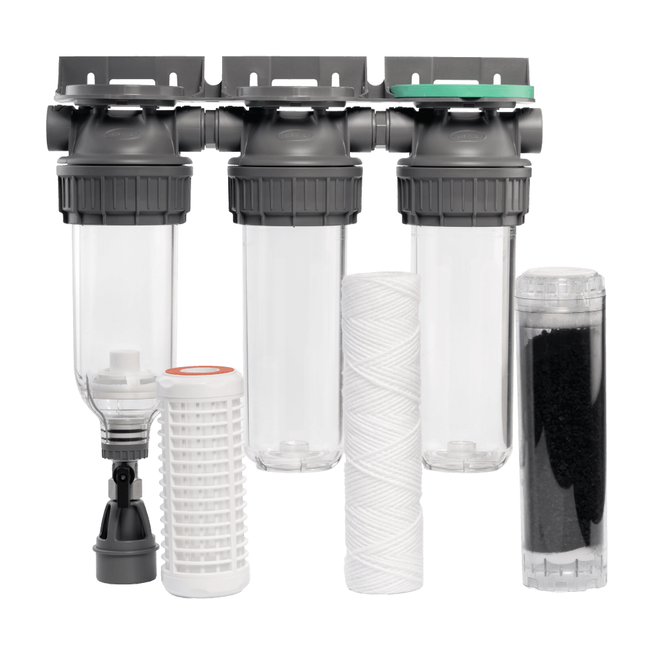 Sistem de filtrare, Ecosoft 3P Grey Triplex 10", valva de purjare, set de cartuse inclus, pentru apa de ploaie, conexiune 3/4"