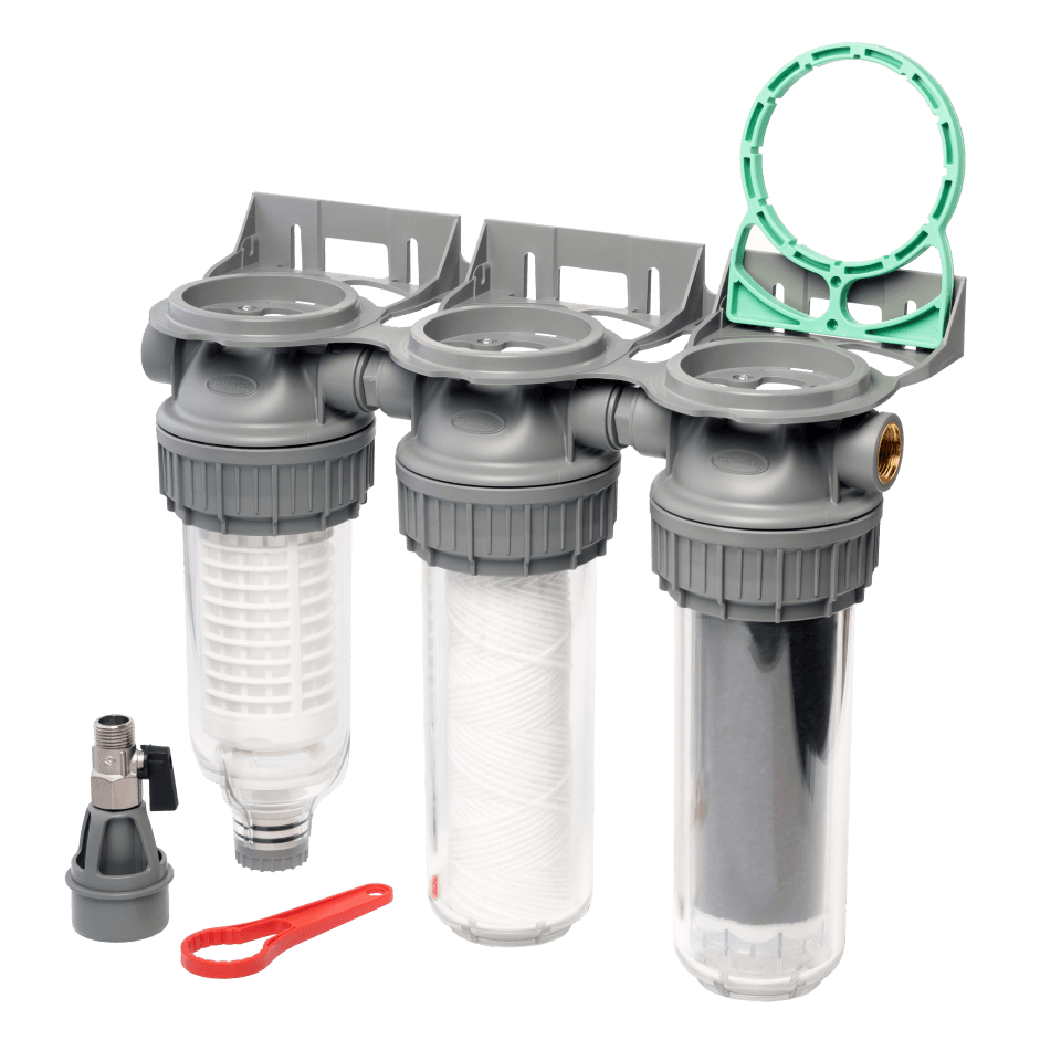 Sistem de filtrare, Ecosoft 3P Grey Triplex 10", valva de purjare, set de cartuse inclus, pentru apa de ploaie, conexiune 3/4"