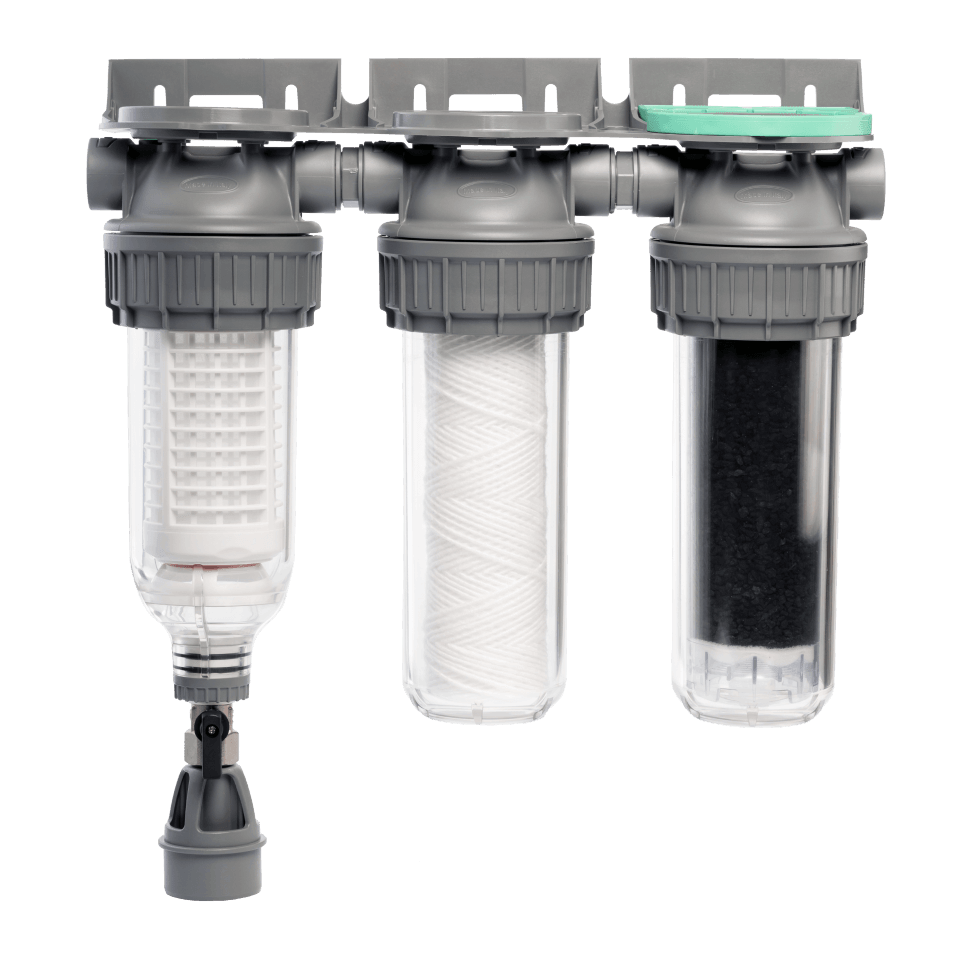 Sistem de filtrare, Ecosoft 3P Grey Triplex 10", valva de purjare, set de cartuse inclus, pentru apa de ploaie, conexiune 3/4"