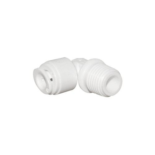 Conector L, 5/16″ furtun (8 mm) x1/4″ filet exterior, cuplare cu mufa rapida pentru tub 8 mm