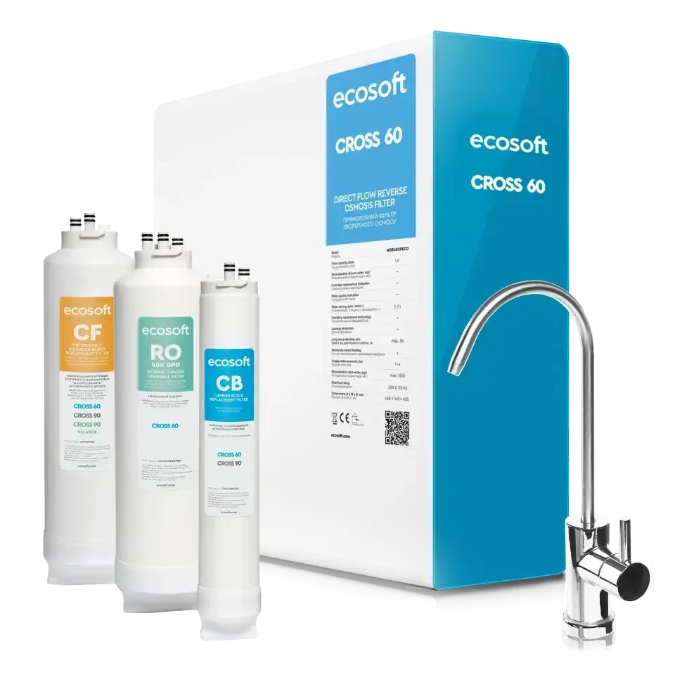 Osmoza inversa direct flow, Ecosoft Cross60, 1 litri/min, cartuse twist, membrana 400 GPD, baterie smart cu indicator
