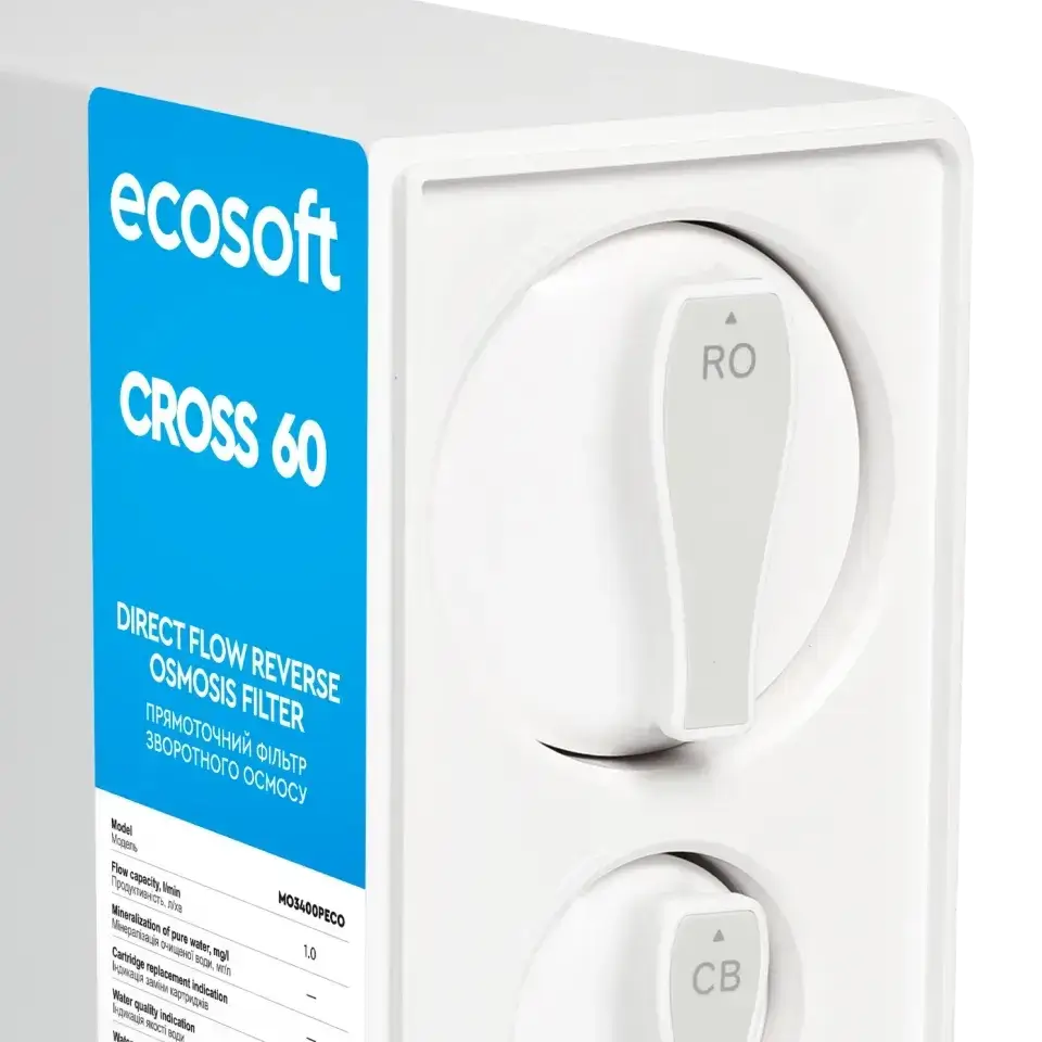 Osmoza inversa direct flow, Ecosoft Cross60, 1 litri/min, cartuse twist, membrana 400 GPD, baterie smart cu indicator