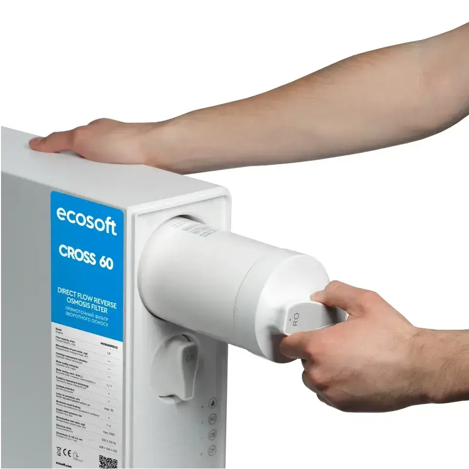 Osmoza inversa direct flow, Ecosoft Cross60, 1 litri/min, cartuse twist, membrana 400 GPD, baterie smart cu indicator