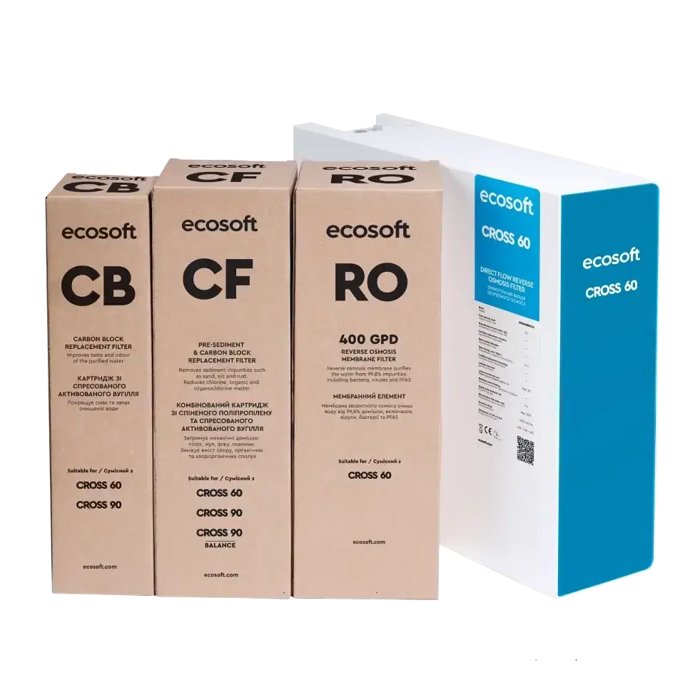 Osmoza inversa direct flow, Ecosoft Cross60, 1 litri/min, cartuse twist, membrana 400 GPD, baterie smart cu indicator