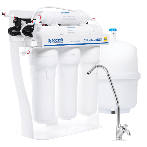 Osmoza inversa cu pompa, Ecosoft Standard MO650M1PSECOST, 6 stadii, pompa de presiune, cadru metalic, membrana de 50 GPD si remineralizare
