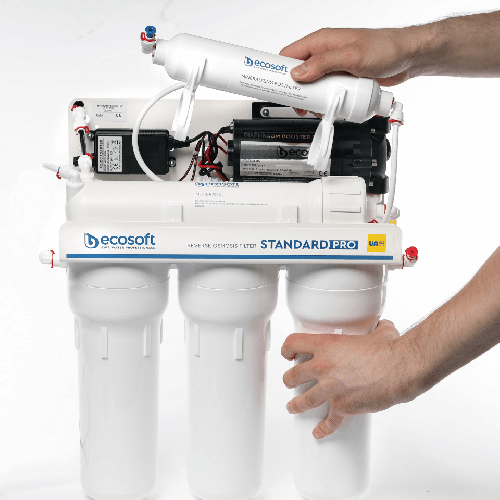 Osmoza inversa cu pompa, Ecosoft Standard MO650M1PSECOST, 6 stadii, pompa de presiune, cadru metalic, membrana de 50 GPD si remineralizare