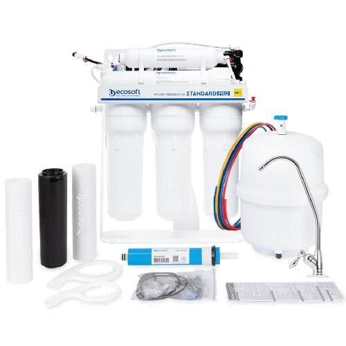 Osmoza inversa cu pompa, Ecosoft Standard MO650M1PSECOST, 6 stadii, pompa de presiune, cadru metalic, membrana de 50 GPD si remineralizare