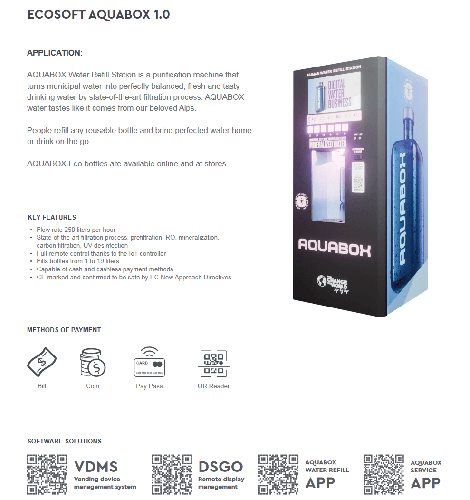 Automat de apa purificata, Aquabox RO, osmoza inversa, display afisare reclame, 250 l/h, 4 metode de plata si administrare de la distanta