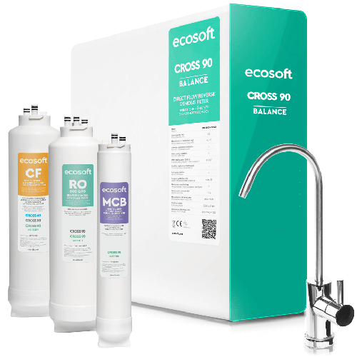 Osmoza inversa direct flow, Ecosoft Cross90 Balance, 1.5 litri/min, cartuse twist, membrana 600 GPD, baterie smart cu indicator