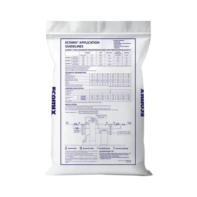 Rasina schimbatoare de ioni, ECOMIX A, sac 12 litri, eliminare duritate, fier, mangan, amoniu si materii organice moderate, capacitate schimb ioni de 35g CaCO3/litru