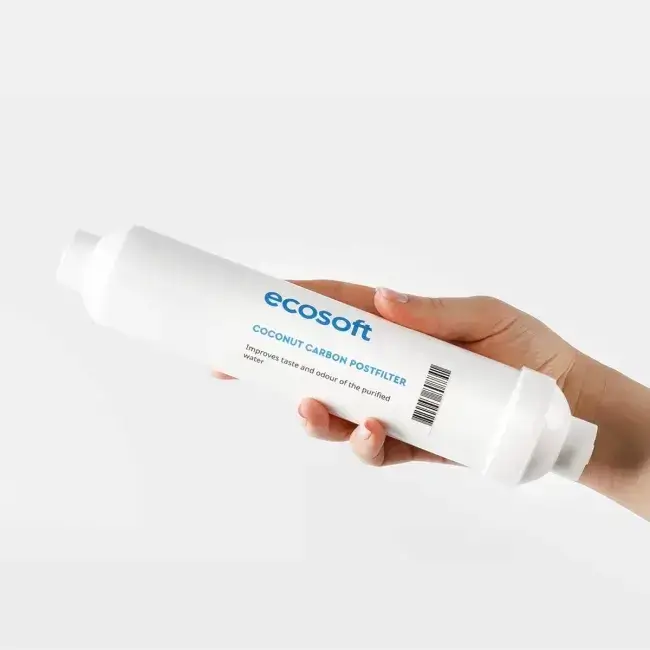 Filtru inline din cărbune activ granular pentru postfiltrare osmoză inversă, Ecosoft CHV2010, din coajă de nucă de cocos, conectori rapizi 1/4", dimensiuni 10.8"x2", compatibil cu furtun flexibil de 1/4