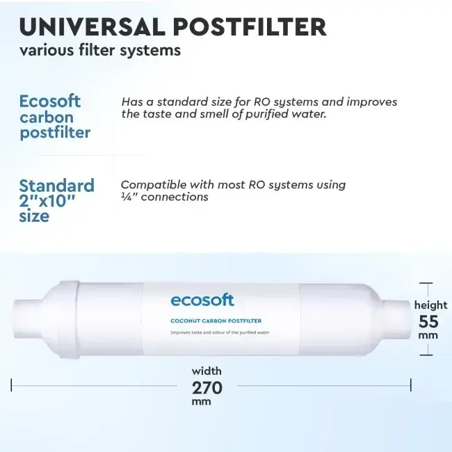 Filtru inline din cărbune activ granular pentru postfiltrare osmoză inversă, Ecosoft CHV2010, din coajă de nucă de cocos, conectori rapizi 1/4", dimensiuni 10.8"x2", compatibil cu furtun flexibil de 1/4