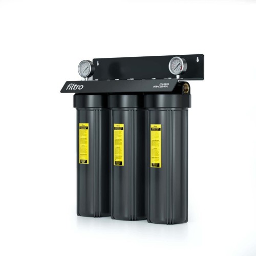 Set 3 carcase negre, FILTRO BIG BLACK 20" TRIO, conexiune 1" din alama, cheie, manometre intrare-iesire si cadru metalic
