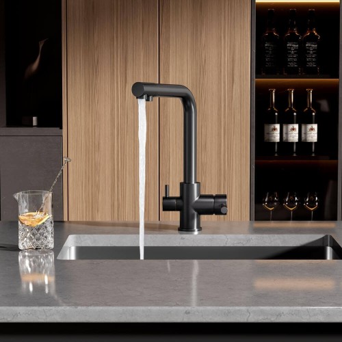 Baterie 3 căi pentru apă filtrată, Premier Tall Black Flash, finisaj negru lucios, flux separat apă rece caldă și filtrată, montaj pe chiuvetă bucătărie