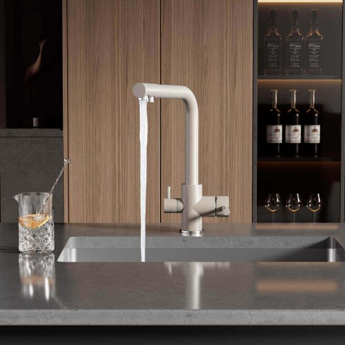 Baterie 3 căi cu flux separat apă filtrată Premier Tall Oat, finisaj bej mat granit, cartușe ceramice durabile, montaj pe chiuvetă, garanție 3 ani