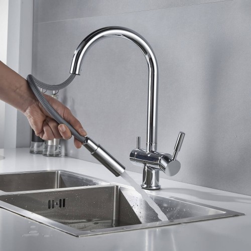 Baterie 3 căi, PREMIER Extend White, finisaj alb, furtun extensibil cu duș, flux separat apă filtrată și apă menajeră (rece și caldă)