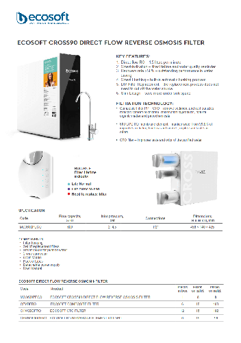 Sistem de osmoza inversa cu debit direct, Ecosoft Cross90, 1.5 litri/min, baterie smart cu indicator
