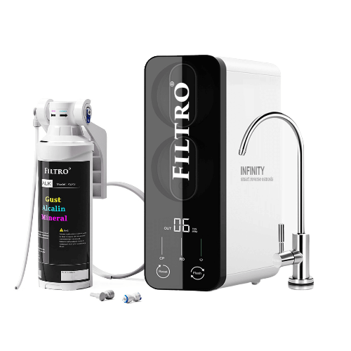 Osmoza inversa direct flow, FILTRO INFINITY DF600-ALK3, cu alcalinizare prin mineralizare, debit mare de 600GPD, fara bazin, pompa booster, display TDS