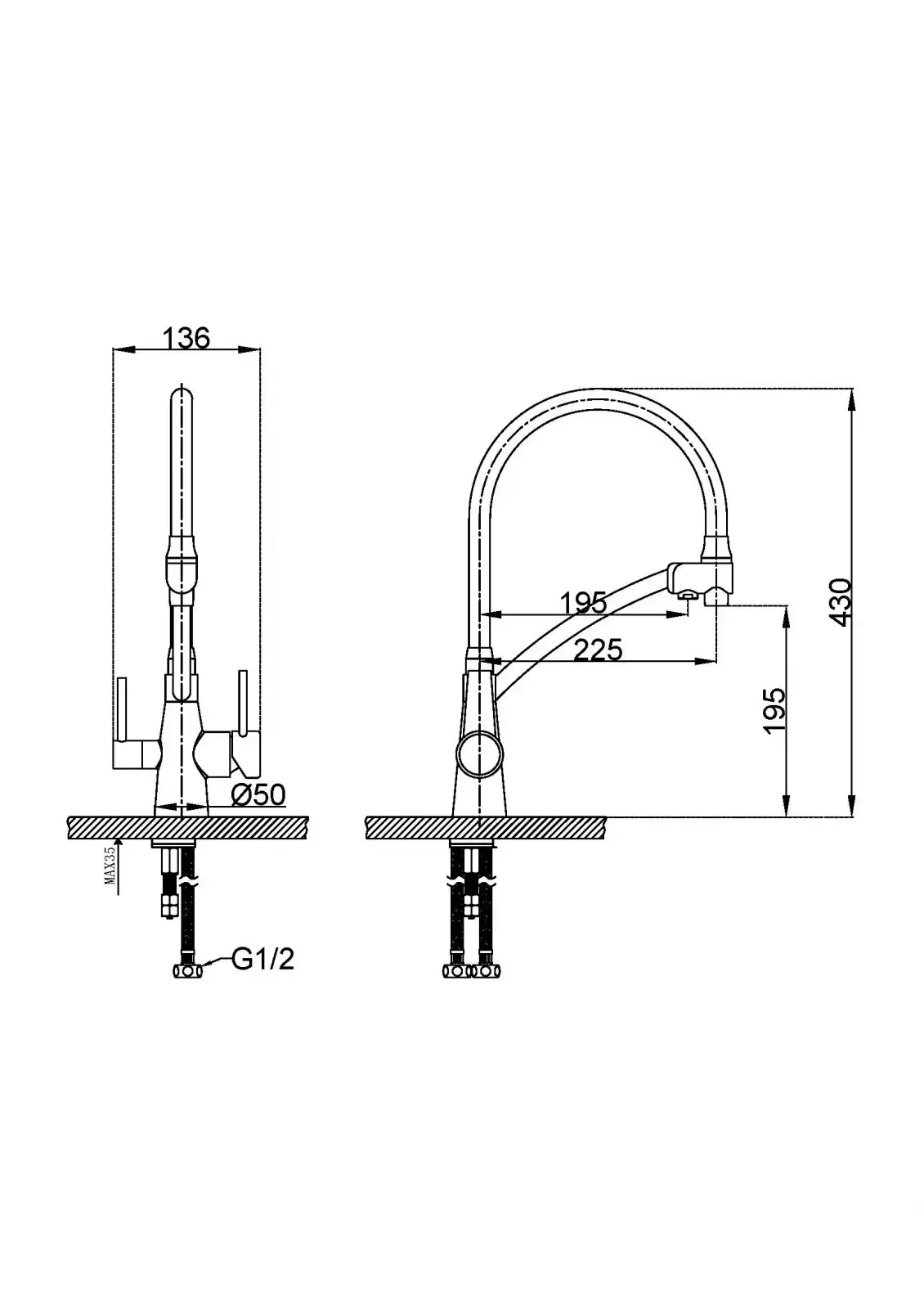 Baterie cu 3 căi, PREMIER FLEX Bridge, finisaj gri crom, țeavă flexibilă cu dus, flux separat apă filtrată și apă menajeră (rece și caldă)