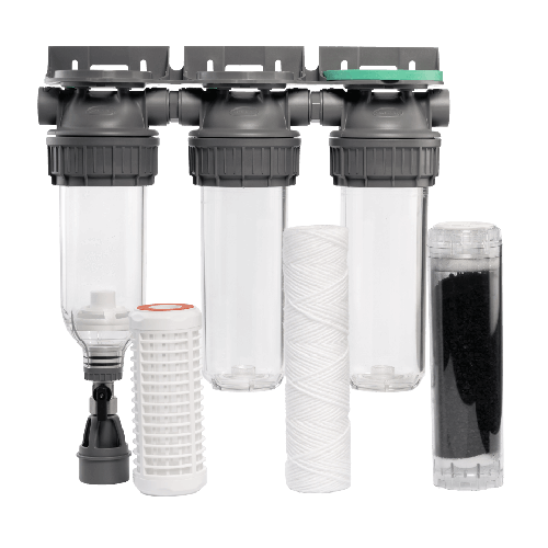 Sistem de filtrare, Ecosoft 3P Grey Triplex 10", valva de purjare, set de cartuse inclus, pentru apa de ploaie, conexiune 3/4"