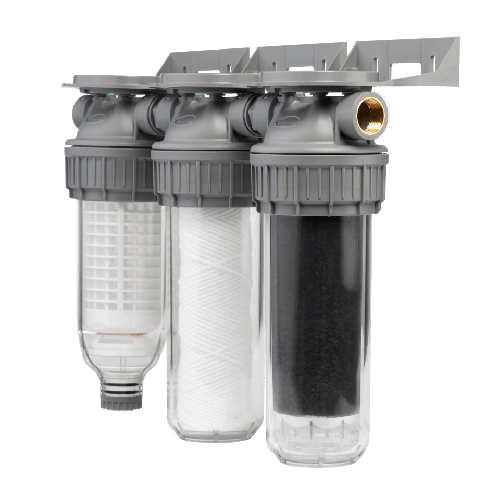 Sistem de filtrare, Ecosoft 3P Grey Triplex 10", valva de purjare, set de cartuse inclus, pentru apa de ploaie, conexiune 3/4"