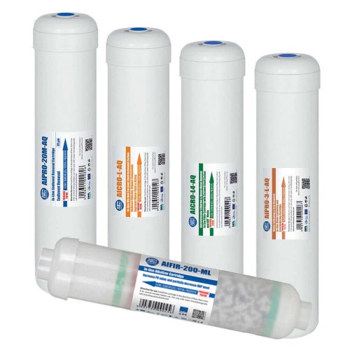 Set complet 5 filtre cu alcalinizare, carcasa alba cu filet de 1/4″, sedimente, dedurizare, carbune activat bloc, granular si alcalinizare