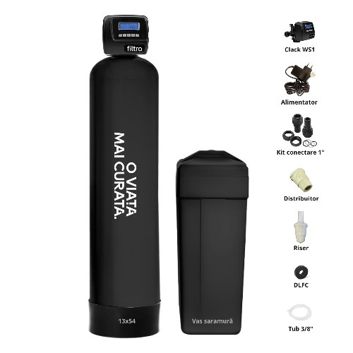 Stație automată, Clack WS1 PRO, valvă volumetrică premium, tank simplex 13x54, debit 3.5-4.3 m3/oră, fără rășină inclusă, necesar 75 litri