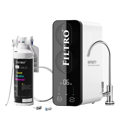 Osmoza inversa direct flow, FILTRO INFINITY DF600-ALK3, cu alcalinizare prin mineralizare, debit mare de 600GPD, fara bazin, pompa booster, display TDS