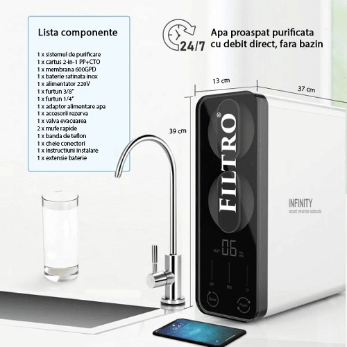 Osmoza inversa direct flow, FILTRO INFINITY DF600-ALK3, cu alcalinizare prin mineralizare, debit mare de 600GPD, fara bazin, pompa booster, display TDS