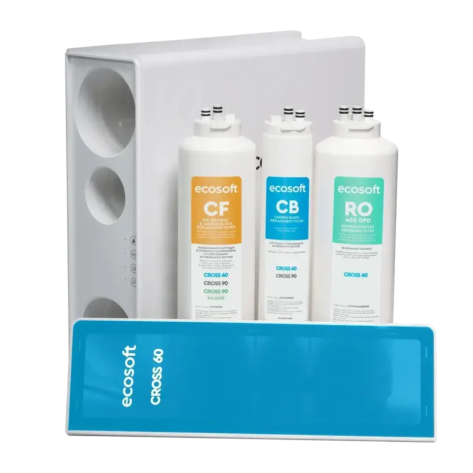 Osmoza inversa direct flow, Ecosoft Cross60, 1 litri/min, cartuse twist, membrana 400 GPD, baterie smart cu indicator