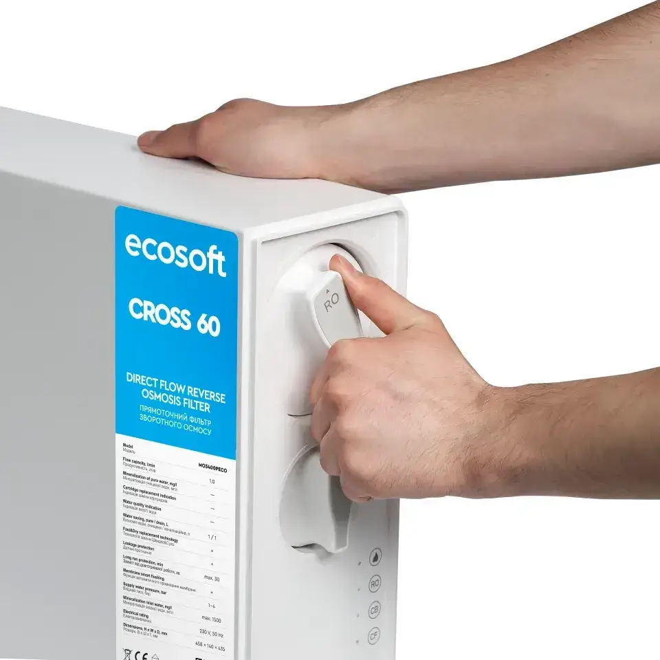 Osmoza inversa direct flow, Ecosoft Cross60, 1 litri/min, cartuse twist, membrana 400 GPD, baterie smart cu indicator