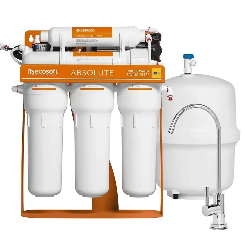 Osmoza inversa premium, Ecosoft Absolute PRO, pompa de presiune pe cadru metalic, 75 GPD, 5 stadii cu postcarbune