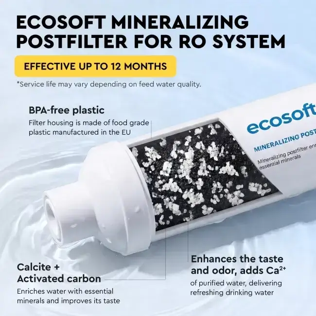 Filtru inline pentru remineralizare, Ecosoft PD2010, mineralizare cu calciu, magneziu și potasiu, conectori rapizi de 1/4