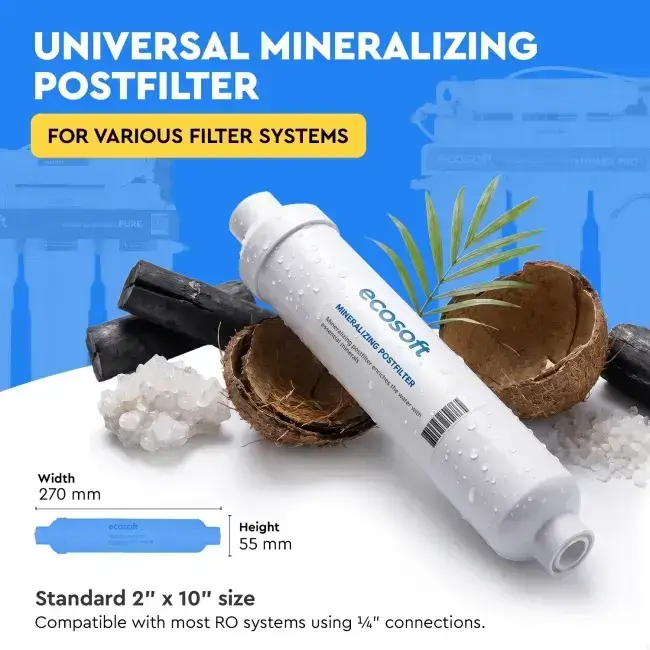 Filtru inline pentru remineralizare, Ecosoft PD2010, mineralizare cu calciu, magneziu și potasiu, conectori rapizi de 1/4