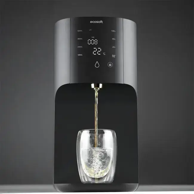 Sistem de osmoză inversă countertop fără instalare Ecosoft CROSS RAY, filtrare 3-in-1, apă caldă cu moduri 45/65/100 °C, sterilizare UV și afișaj TDS