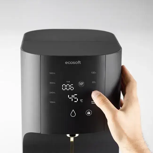 Sistem de osmoză inversă countertop fără instalare Ecosoft CROSS RAY, filtrare 3-in-1, apă caldă cu moduri 45/65/100 °C, sterilizare UV și afișaj TDS