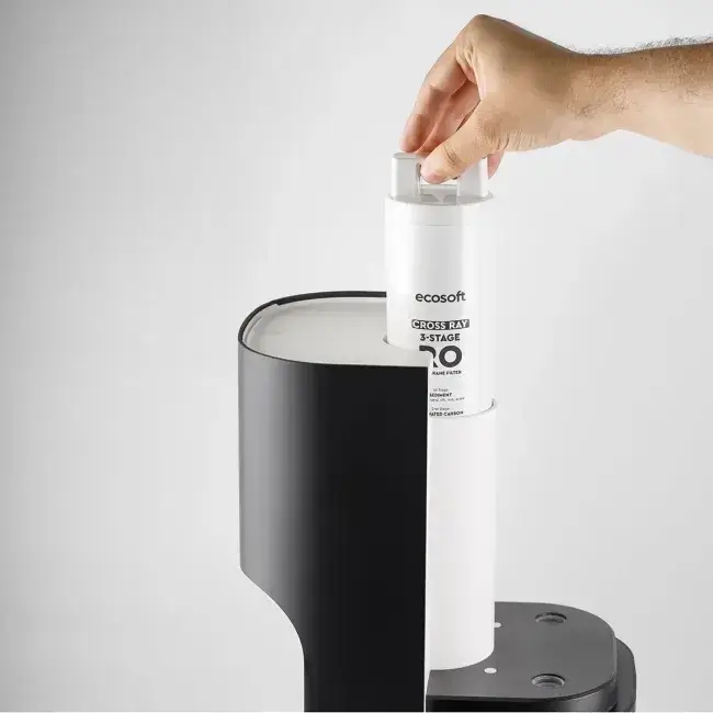 Sistem de osmoză inversă countertop fără instalare Ecosoft CROSS RAY, filtrare 3-in-1, apă caldă cu moduri 45/65/100 °C, sterilizare UV și afișaj TDS