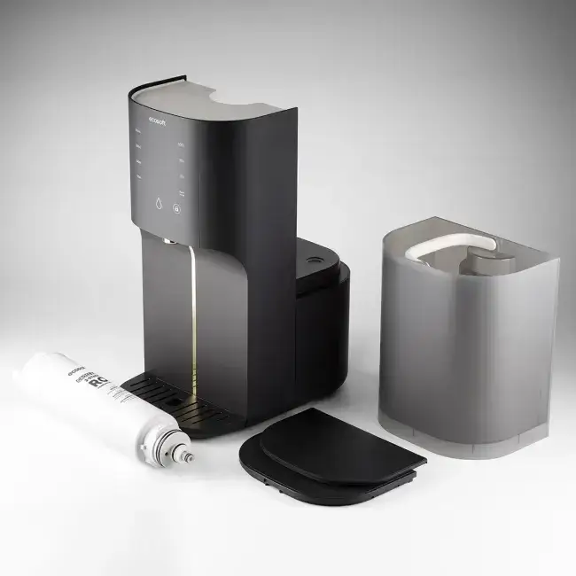 Sistem de osmoză inversă countertop fără instalare Ecosoft CROSS RAY, filtrare 3-in-1, apă caldă cu moduri 45/65/100 °C, sterilizare UV și afișaj TDS