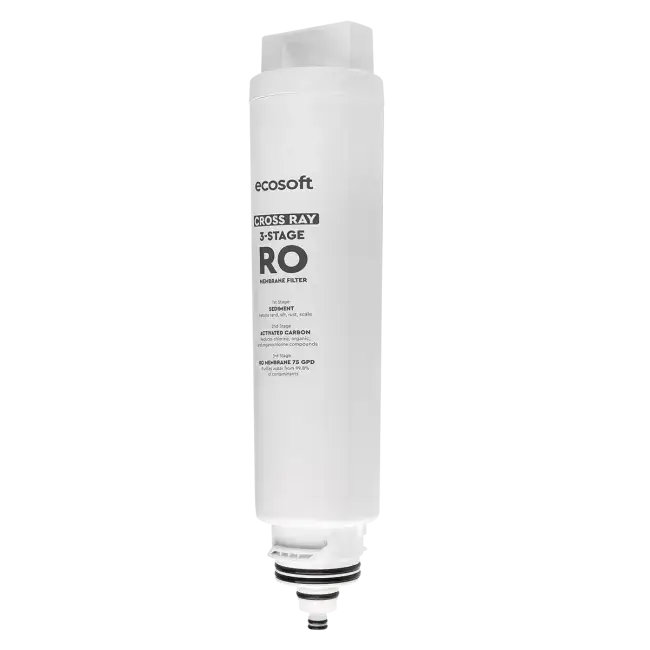 Cartuș de schimb 3 în 1, Ecosoft Cross Ray, osmoză inversă cu filtrare cu PP, carbon activ și membrană RO, înlocuire la 12 luni sau 2000 L, montaj rapid twist-lock fără unelte